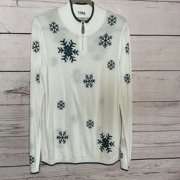 Old Ranch Sweater Womens Large 1/3 Zip White Snowflake Mock Neck Knit‎ Pullover - Picture 1 of 10